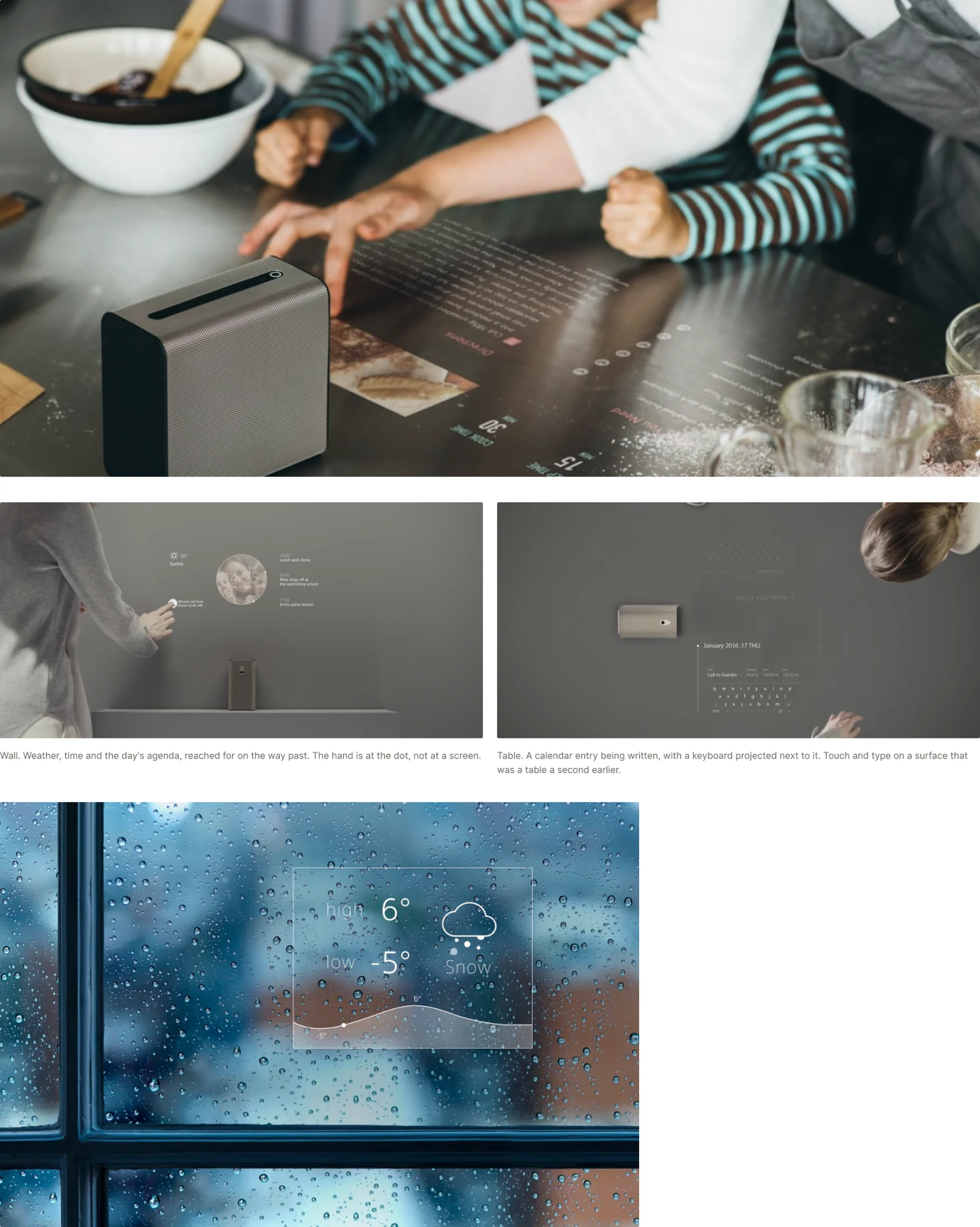 The system projected onto a counter, a wall, a table and a rainy window